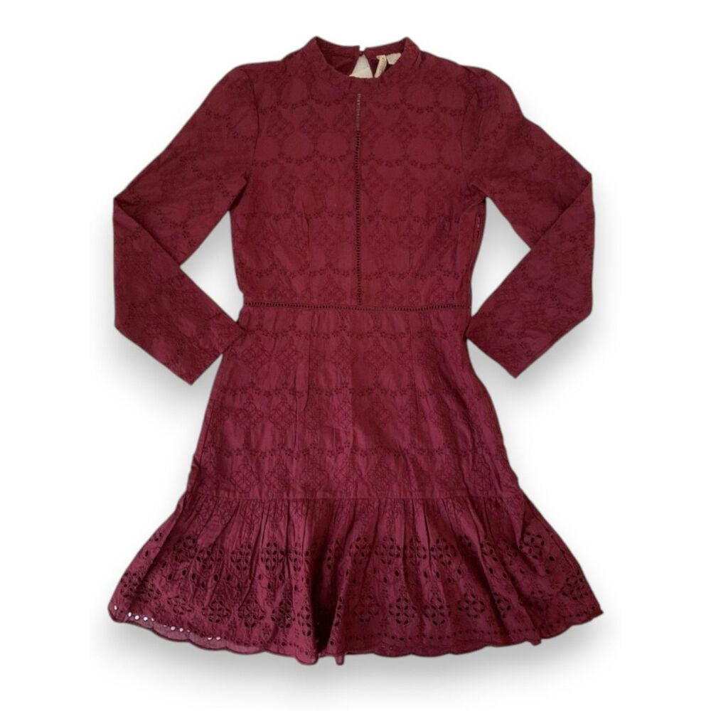 H&M Divided Burgundy Eyelet Dress Long Sleeve Boho Romantic Mini Dress NWT 2